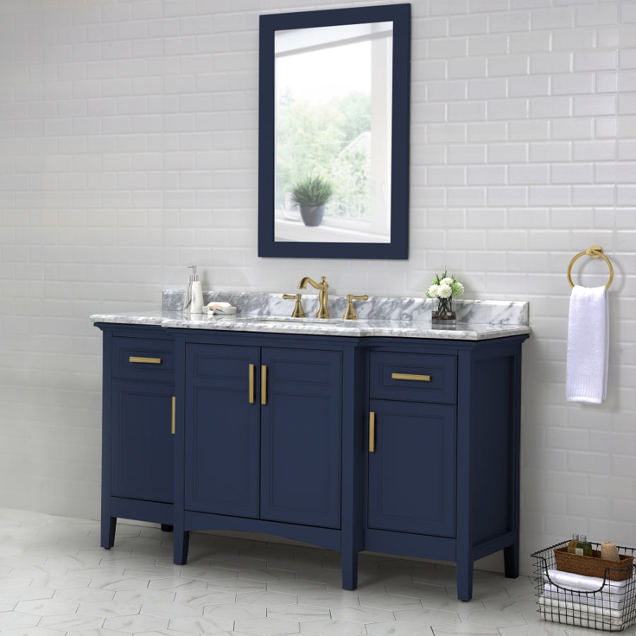 Ellis 60 in. Vanity in Midnight Blue with Carrara Marble Top & Ceramic Basins